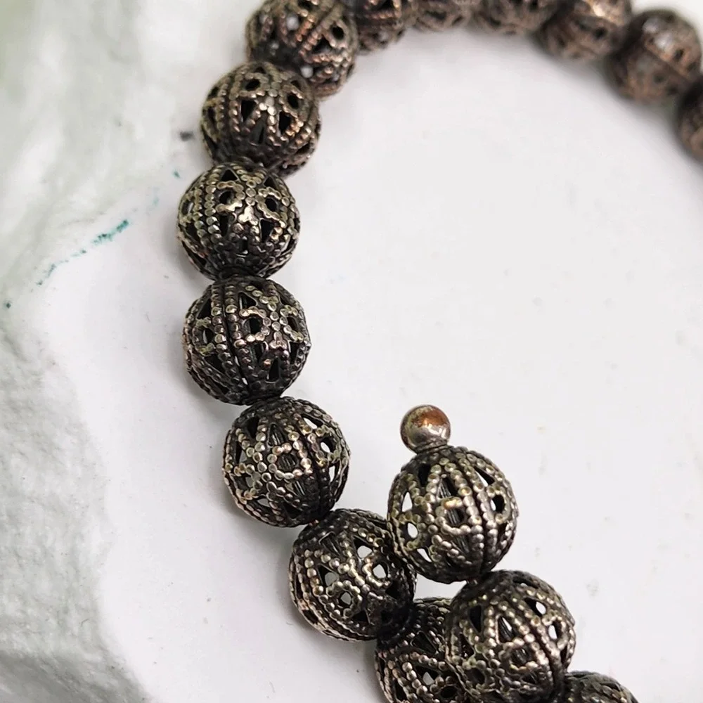 Alex & Ani Vintage Sixty-Six Bronze Tone Filigree Bead Bracelet Coin Charm Boho